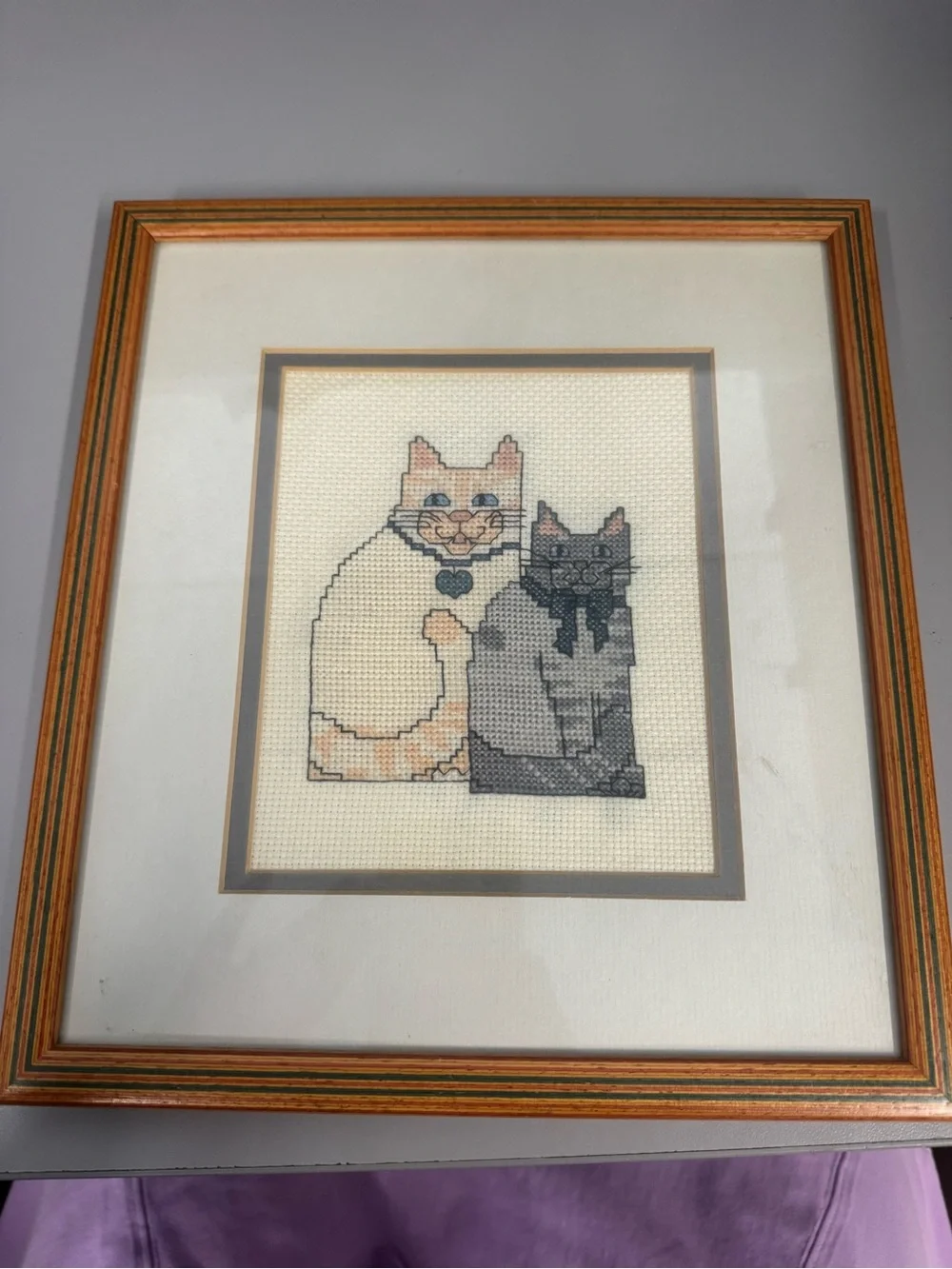 VTG Framed Cat Cross Stitch Needlepoint Folk Art Wall Decor